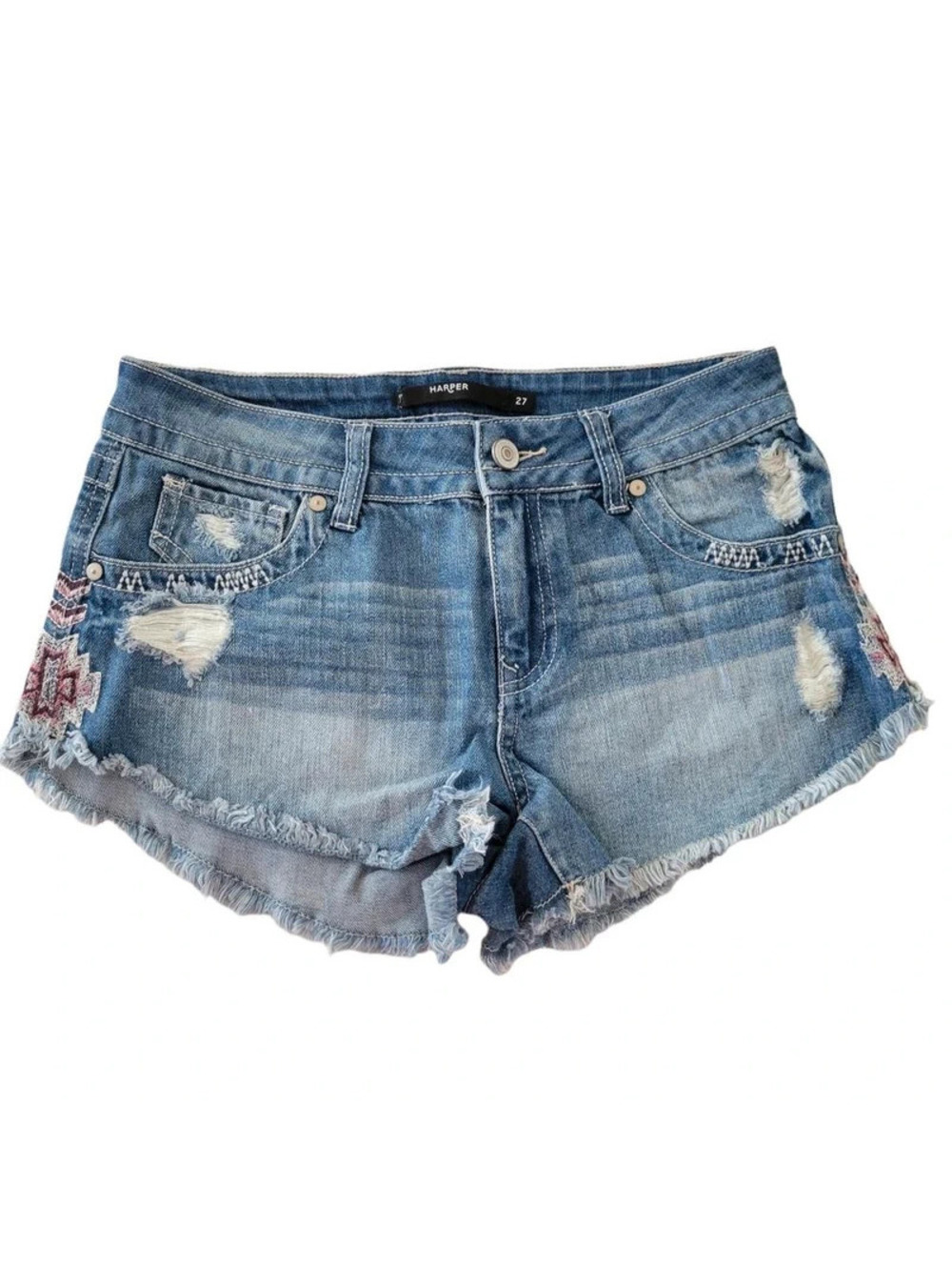 Harper Aztec Embroidered Jean Shorts 27 Womens Blue Cut Off Mid Rise